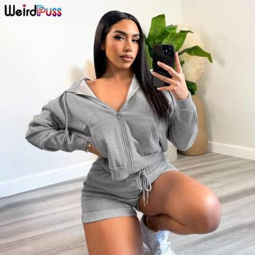Weird Puss Casual Sporty Women Tracksuit Skinny Matching Hoodie Zip Sweatshirt+Short Autumn Trend 2 Piece Set Streetwear Outfits