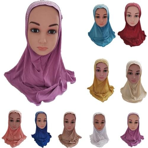 New One Piece Amira Muslim Kids Girls Hijab Rhinestone Tassel Scarf Shawl Wrap Islamic Headscarf Arab Prayer Hat Cap Headwear