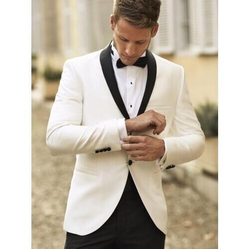 ANNIEBRITNEY Ivory Slim Fit Men Suit With Black Shawl Lapel 2 Piece Groom Wedding Tuxedo Tailor Made Men Prom Wedding Suit Set