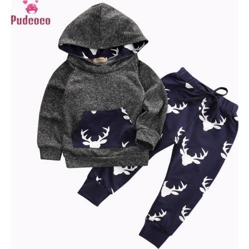 Autumn Winter Kids Clothes Baby Boy Girl Warm Thick Outfits Printed Deer Hooded Top+Pant Leggings Suits Thanksgiving
