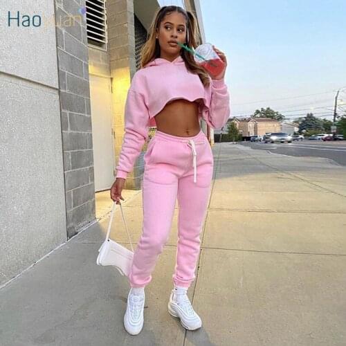 HAOYUAN Sexy Two Piece Club Outfits Long Sleeve Hoodies Crop Top+Pocket Pants Tracksuit Winter Matching Sets Fashion Streetwear