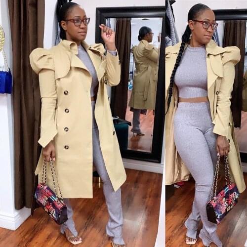 Echoine Autumn Long Sleeve Turn Down Puff Sleeve Button Trench Coat with Belt Casual Elegant Long Windbreaker Women Clothing