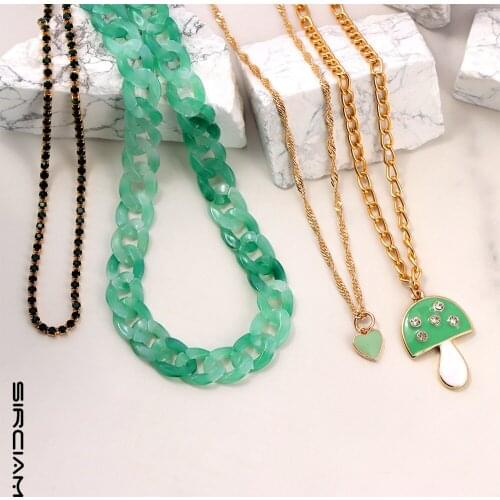Ins Green Mushroom Enamel Heart Beaded Necklace For Women Acrylic Chunky Choker Layered Charm Necklaces Heart Sweet Jewelry Gift