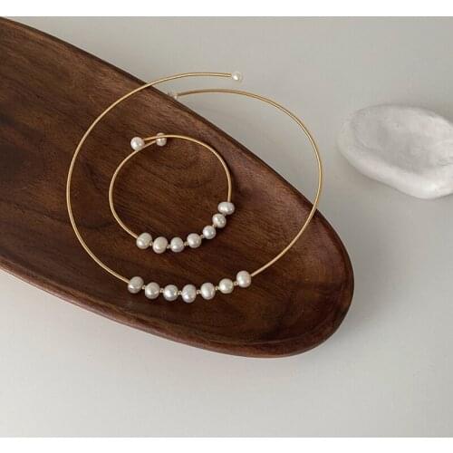 TARCLIY Simple Temperament Metallic Freshwater Pearl Clavicle Neck Collar Women Fashion Open Short Chocker Necklace Jewelry Set