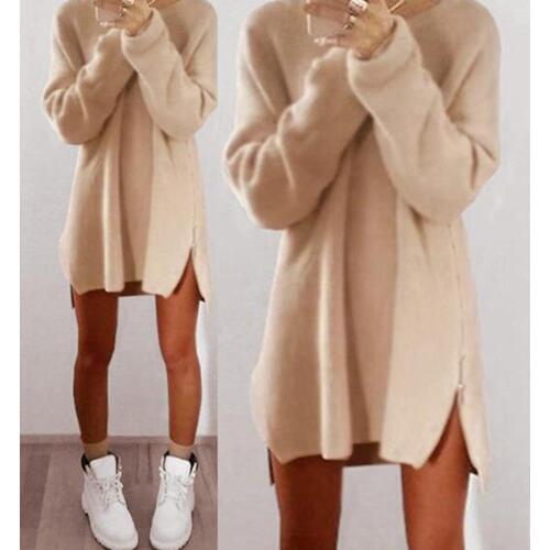 2019 Women Sexy Solid Color Long Sleeve O Neck Sideway Zip Loose Mini Sweater Dress Christmas Gift For Female Friend