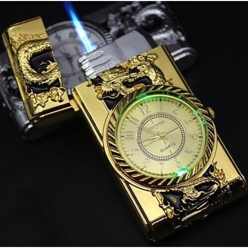 Luxury Gold Watch Jet Lighter Led Inflatable Gasoline Butane Windproof Cigar Cigarette Metal Lighter Torch Turbine Gas Lighter