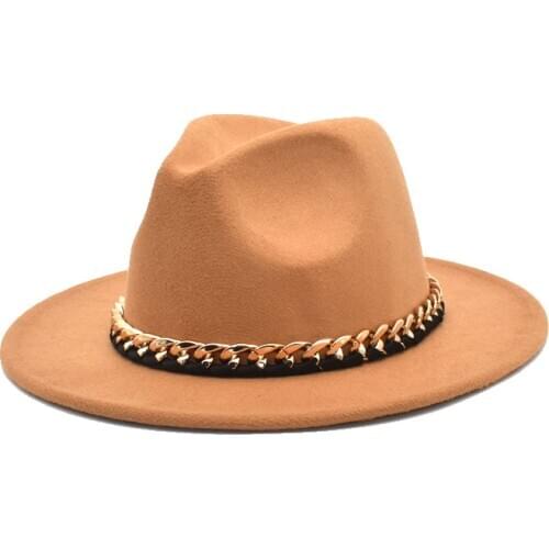 New Fashion Fedoras Hats Women Wool Chain Wide Brim Jazz Hat Vintage Panama Cowboy Hat Men Black Caps Dropshipping F111