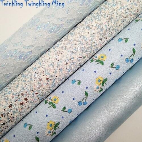 Blue Glitter leather, Flowers Printed Faux Leather, Lace Glitter Fabric Sheets For Bow A4 21x29CM Twinkling Ming KM202