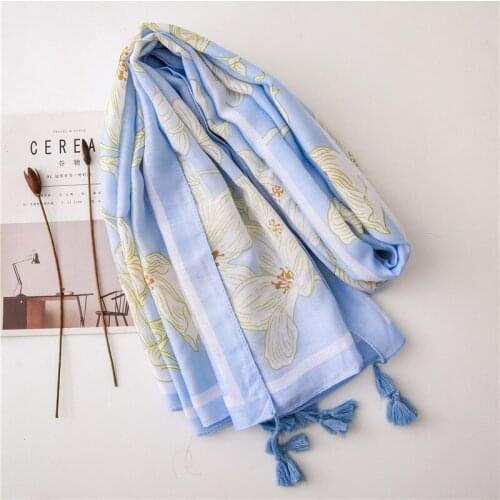 Light blue Women Viscose Scarf 2021 Luxury Fashion Floral Print Beach Hijab Shawls Wraps Foulard Four Season Tassel Casual Lady