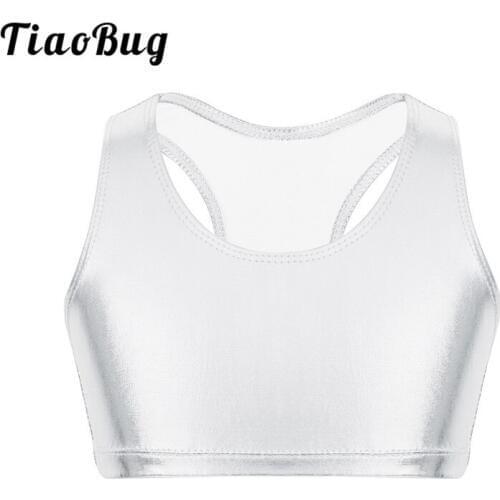 TiaoBug Girls Shiny Metallic Sleeveless Racer Back Crop Top Ballet Dance Gymnastics Ballerina Stage Performance Kids Dance Top
