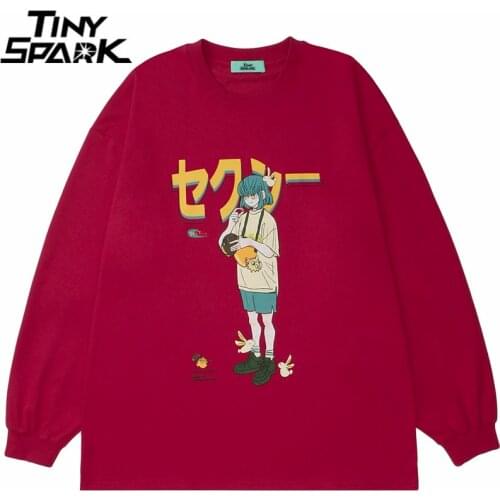 Hip Hop Sweatshirt Men Streetwear Japanese Kanji Anime Girl Print Pullover 2021 Autumn Harajuku Cotton Casual Sweat Shirt Hoodie