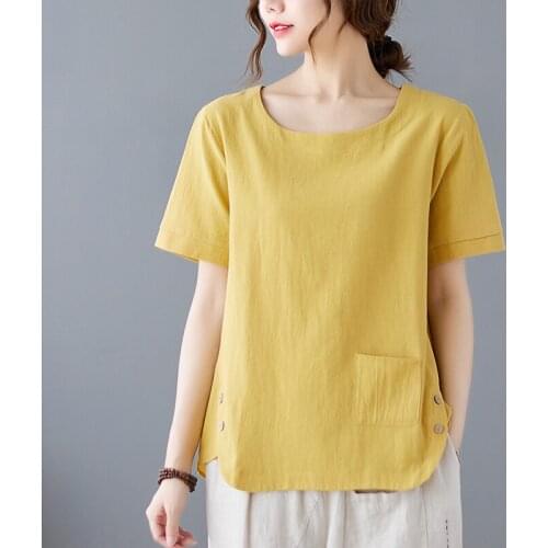 Cotton Linen Vintage Tshirt 2021 New Arrival Pockets Button Loose Summer T Shirts Women Tops All-match Women Casual T Shirt Tees