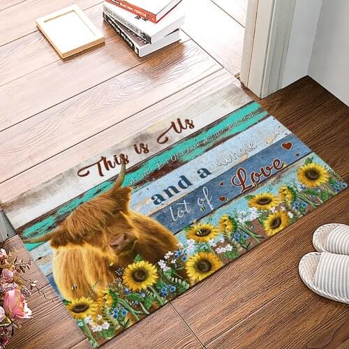 Farm Highland Cow Sunflower Vintage Plank Doormat for Entrance Door Bathroom Hallway Non-Slip Rugs Home Decor Kitchen Mats