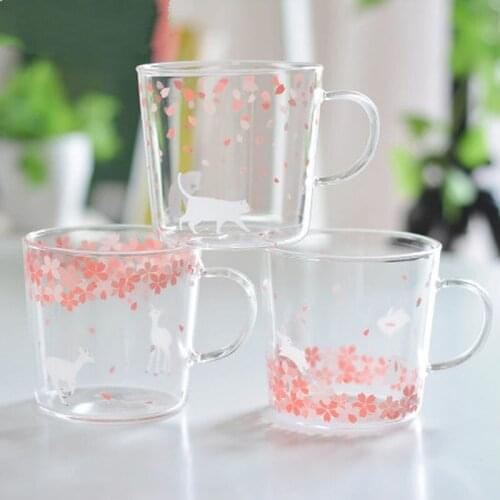 Japanese Sakura Glass Coffee Mug Cute Cat Deer Rabbit Tea Mug 280ml Heat Resistant Glass Tea Cup Coffee Cup Drinkware