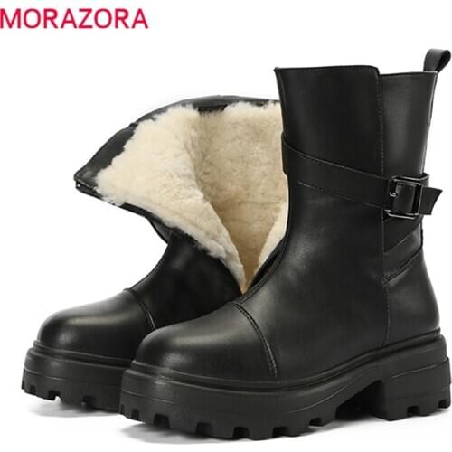 MORAZORA 2021 Genuine leather boots thick heels square toe ladies shoes winter 100% nature wool ankle boots for woman