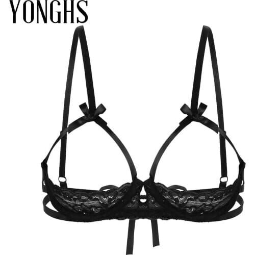 Womens Erotic Lingerie Bra See Through Sheer Lace Adjustable Spaghetti Shoulder Straps Open Cups Back Tie Up Underwired Bra Tops