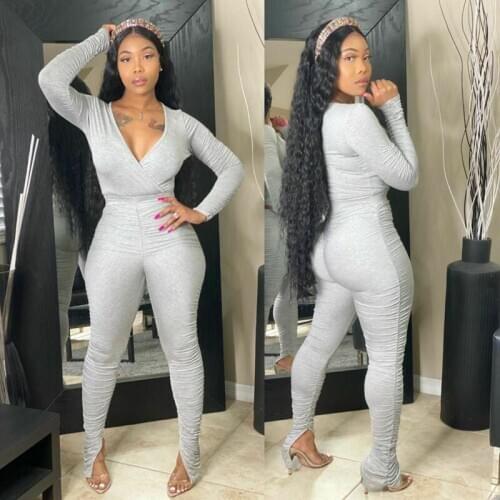 Women V Neck Long Sleeve Solid Color Draped Slit Bodycon Casual Jumpsuit 2pcs