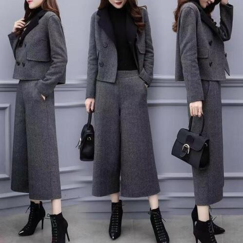 2020 Autumn Winter High Waist Wide Leg Pants Suits Women 2 Piece Set Wool Tweed Vintage Elegant Blazer Jacket + Trousers Outfits