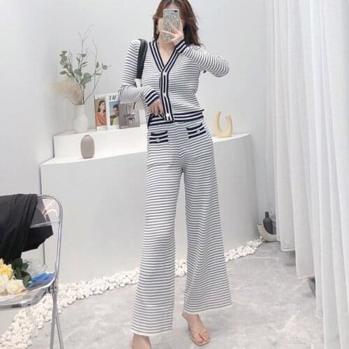 Elegant Autumn Knitted Sweater Suit Women Striped V-Neck Long Sleeve Cardigan Top + High Waist Wide Leg Pants Female 2 Piece Set