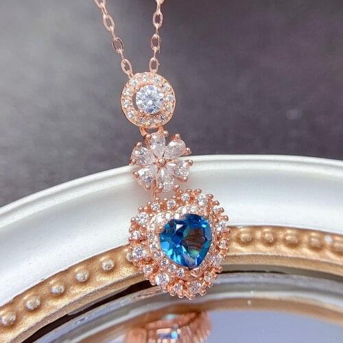 Chic Heart Blue Crystal Topaz Diamond Gemstones Pendant Necklaces for Women 14k Rose Gold Color Choker Fine Jewelry Dropshipping