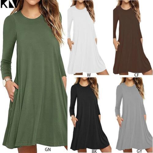 Women Autumn Long Sleeve Round Neck Plain T-Shirt Dress Solid Color Pleated Swing Casual Loose Pullover Streetwear with Pockets