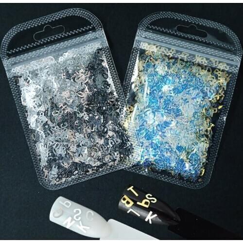 1 Pack Nail Sequins English Alphabet Nail Art Glitter Flakes A-Z 26 Letters Mixed Sparkle Nails Paillette Manicure Silver/Blue