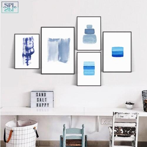 Abstract Minimalist Line Geometry Canvas Painting Blue Graffiti Posters Wall Art Print Pictures for Living Room Home Decor