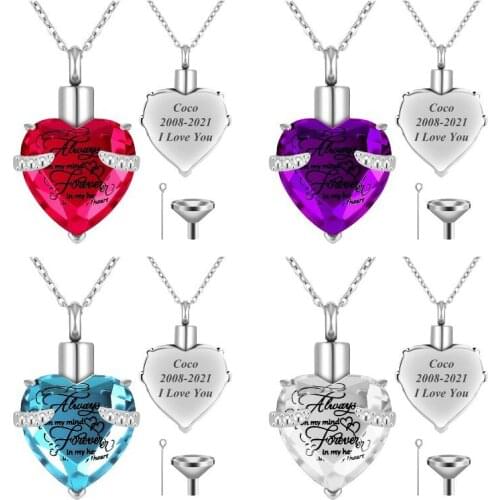 Free Custom Engraving ! Crystal Heart Shape Birthstone Ashes Jewelry Memorial Urn Necklace for Ashes Stainless Steel Ash Holder