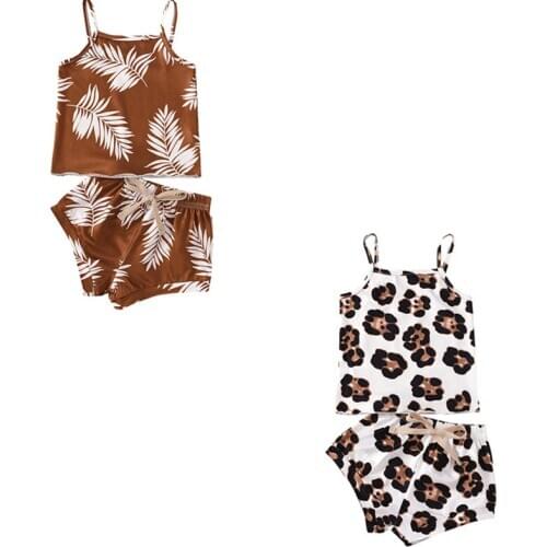 2Pcs Kids Suit Set Fashionable Floral Print U-Neck Sleeveless Top and Shorts for Infant Girls