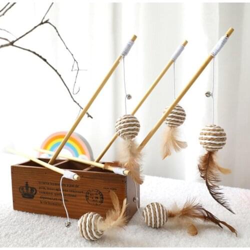 Cat toy natural wooden stick home pet maid fishing pole play item rod eco-friendly mouse ball 500pcs wholesale SN823