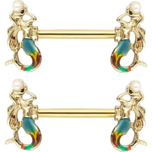 JHJT 2PCS Nipple Rings 14G 316L Stainless Steel Double Mermaid Nipple Shied Barbell Piercing Jewelry