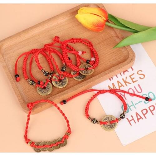 2PCS Chinese Traditional Feng Shui Red String Bracelet Wealth Lucky Copper Coins Charm Pendant Charm Bracelets
