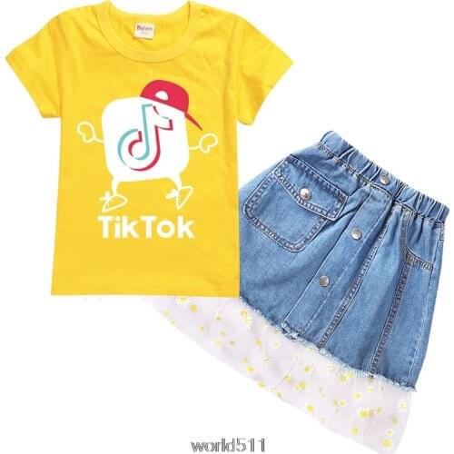 Lovely Baby Girls Tik Tok Clothes Sets Kids Cotton Tops Skirted Shorts 2PCS Outfits 2-16Y Children Fashion Summer Clothing Set