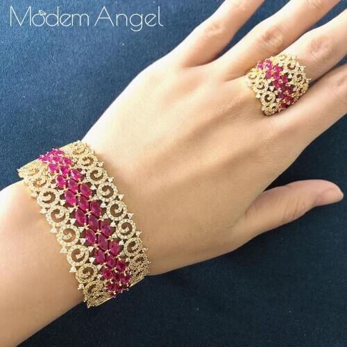 ModemAngel Luxury Special Convolution Mixed Cubic Zirconia Copper Geometry Party Wedding Saudi Arabic Dubai BANGLE RING Set