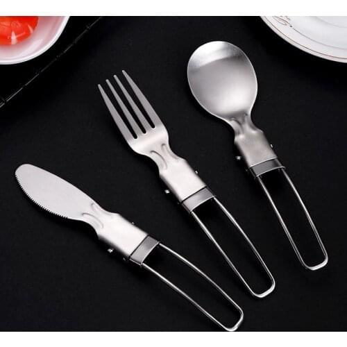 Outdoor portable camping tableware set of three stainless steel folding tableware travel barbecue utensils knife/fork/spoon