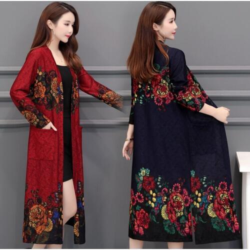 New Spring and Autumn Cardigan Jacket Womens Long Print National Style Woman Shawl Jacket Long Windbreaker plus size 5XL