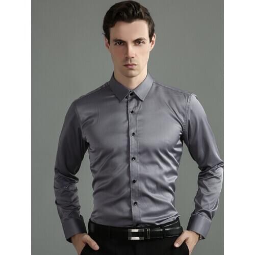 Solid Shirts Men Long Sleeve Silk Autumn Spring Mens Shirt Casual Slim Dress Shirts Oversize Business Work Non Iron Camisas