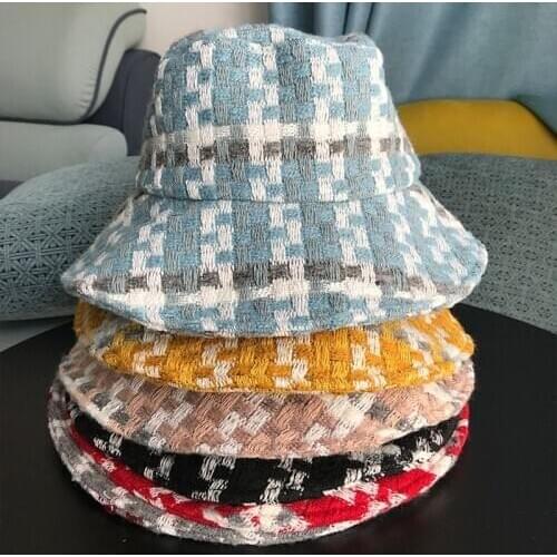 Autumn Winter Artistic Flowers Simple Grid Bucket Hat Female Black White Foldable Basin Hat