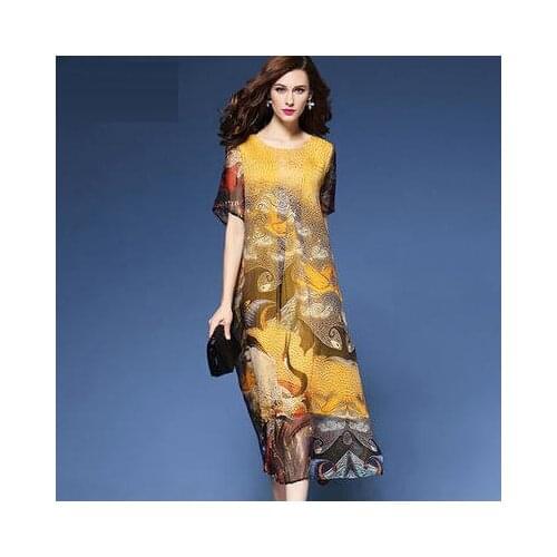 National Print Dress Loose Scoop Neck Yellow Silk Maxi Dress For Women Layered Ethnic Floral Printed Dresses Plus Size 3XL