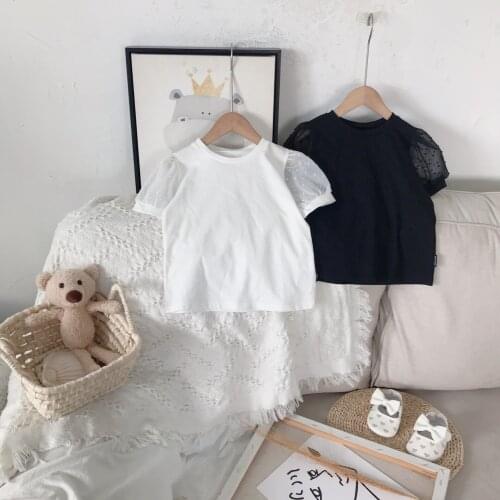 Girls Short-Sleeved T-Shirt 2021 Summer All-Match Pure Color Lace Sleeves Simple Cotton Top Tide 3-8 Years Old