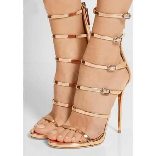 New Design Women Fashion Open Toe 5 Straps High Heel Sandals Cut-out Gold Gladiator Sandals Formal Dress Pumps