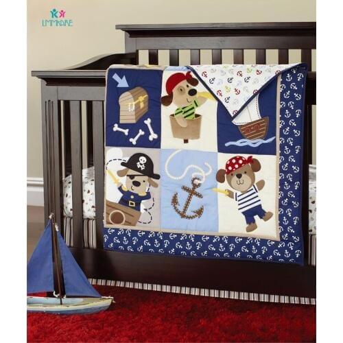 Blue Baby Bed Bumpers Cotton Cartoon Pirates of the Caribbean Pattern Baby Infant Bed Sheet Quilt Bed Skirt Soft Bedding Sets