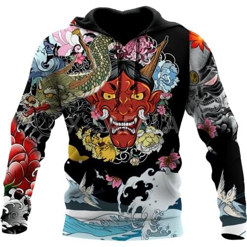 Japanese Oni Mask Tattoo 3D All Print Size XS-7XL Hoodie Man Women Harajuku Outwear Zipper Pullover Sweatshirt Casual Unisex