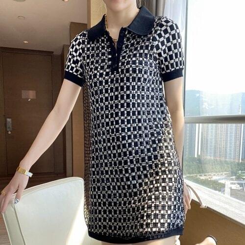 Top Quanlity Crochet Mesh Patchwork Checker Plaid Black White Knitted Dress Short One Piece Straight Robe Vestido Elegant