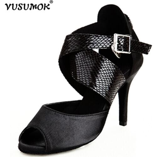 VUSUMOK Modern Women Latin Dance Shoes Girls Tango Shoes Salsa Shoes Snakeskin Open Toe High Heels Lace Plugs size 33-43