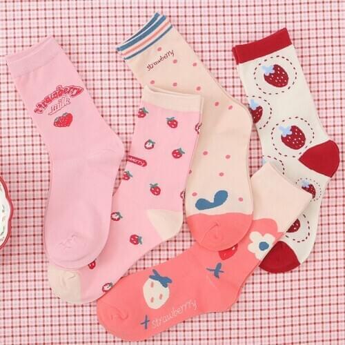 Pink strawberry socks woman kawaii calcetines de la mujer women skarpetki meias meia femme chaussettes cute cartoon chaussette