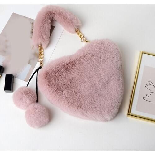 2020 Women Fashion Bag Winter Heart Shaped Female Chain Messenger Bag Plush Love Shoulder Crossbody Bag Valentines Day Gift