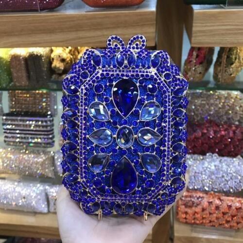 Woman champagne/Royal blue/red crystal diamond chain handbag evening bag clutch purse wallet crossbody messenger bags for lady