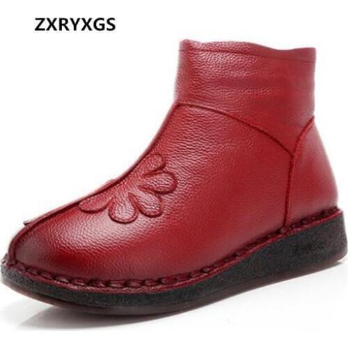 New Fashion Winter Middle-aged Women Boots Flat Non-slip Genuine Leather Shoes Woman Ankle Boots Plus Velvet Warm Snow Boots