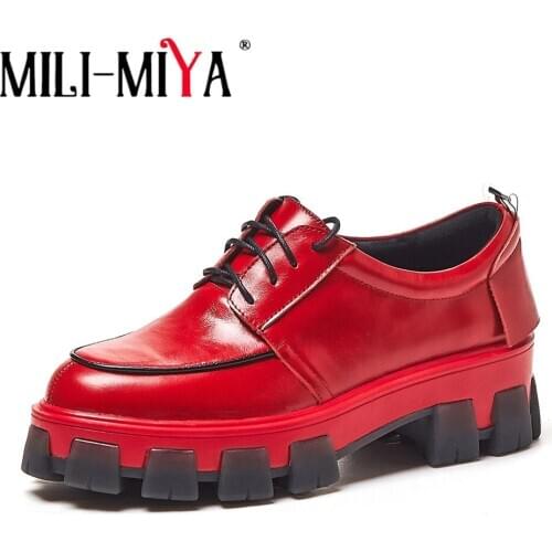 MILI-MIYA New Brand Genuine Leather Women Sneakers Lace Up Thick Bottom Waterproof Fashion Round Toe Casual Comfortable Shoes